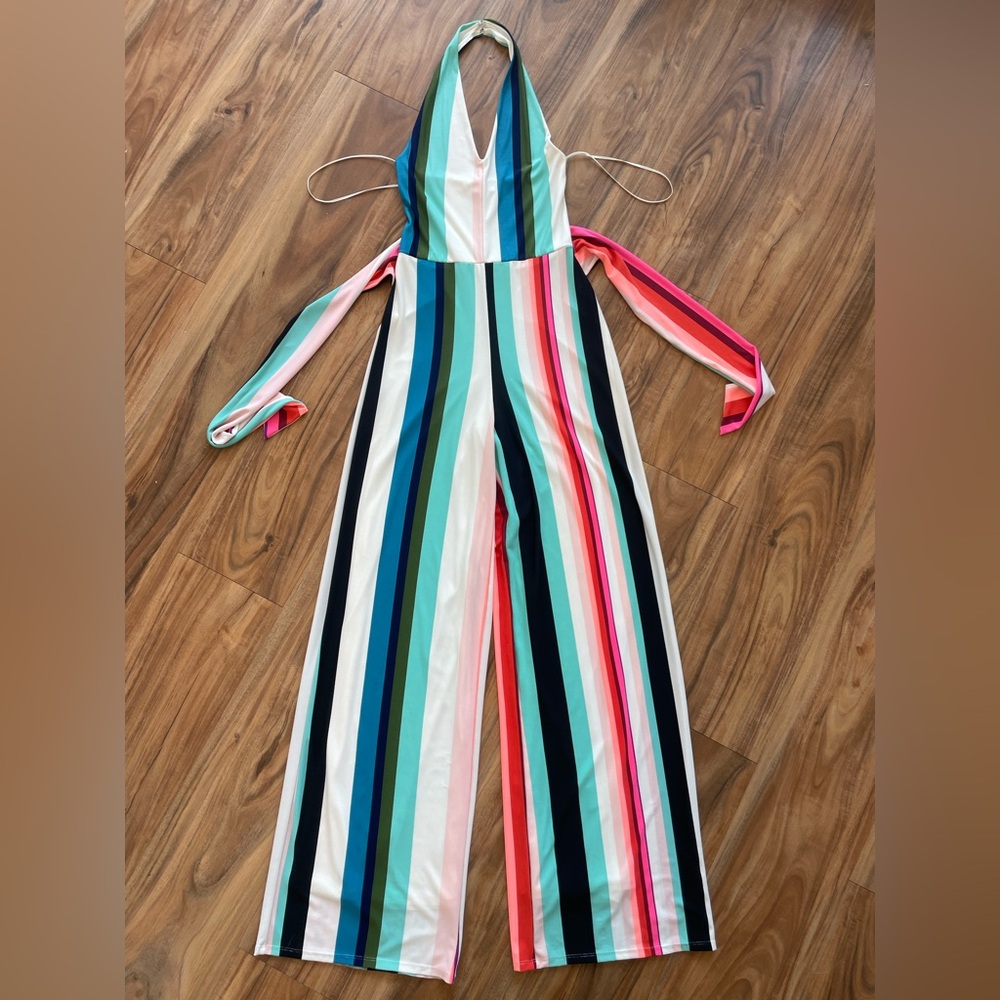 Express Colorful Striped Halter Wide Leg Jumpsuit XS Resort Coastal Barbiecore